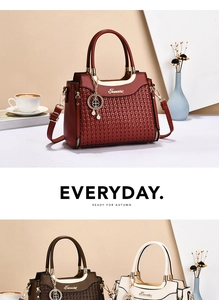 Detailed view of woven PU leather bags with clover charms in burgundy, brown and beige
