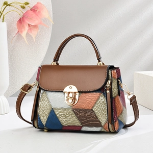 Elegant multi-color patchwork PU leather handbag with crocodile pattern and golden lock