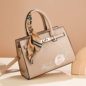 Elegant Women PU Leather Handbag With Rose Floral Embroidery And Decorative Scarf Twist Lock Shoulder Crossbody Bag