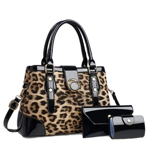 Three-piece leopard print bucket bag set with glossy patent leather and gold hardware