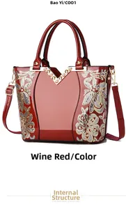 Detailansicht der weinroten Lackleder-Handtasche mit Blumensequinen und Goldnieten