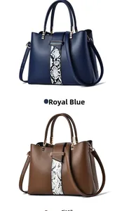 Detail of royal blue and dark brown handbags with faux leather texture and snake skin pattern