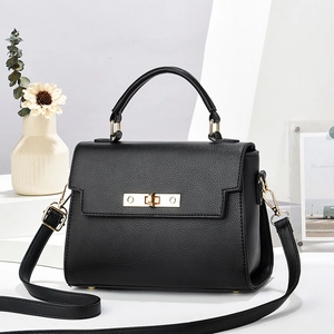 Women Top Handle Handbag Litchi Texture PU Leather Gold Turn Lock Shoulder Crossbody Bag Elegant Commuter Square Purse