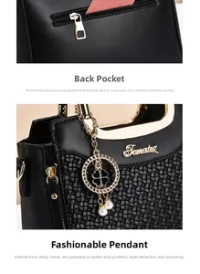 Detail view of woven leather tote featuring rear zipper pocket and clover metal charm