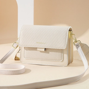 Women Crossbody Bag Woven Texture PU Leather Patchwork Small Square Shoulder Bag Golden Hardware Adjustable Strap