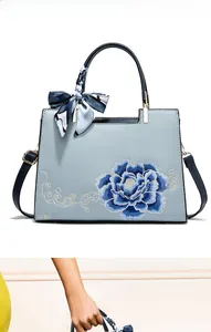 Détail du sac bleu clair avec broderie florale et foulard en soie élégant sur l'anse