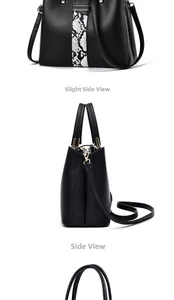 Detail view of black faux leather tote bag featuring stylish snakeskin pattern stripes