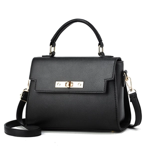 Classic black leather satchel with lychee pattern and gold hardware on white background