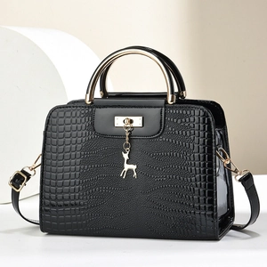 Women Handbag PU Leather Crocodile Pattern Metal Handle Deer Pendant Crossbody Shoulder Bag Fashion Elegant Style