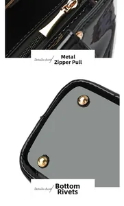 Detail der glänzenden schwarzen Lackledertasche mit goldenem Reißverschluss und Bodennoppen