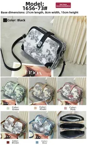 Detailed dimensions of printed crossbody bag with triple zipper and multi-color options