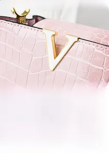 Macro detail of pink crocodile pattern handbag featuring a gold V-shaped metal buckle