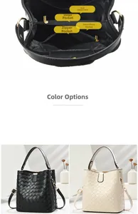 Detail view of woven bucket bag interior structure and modern minimalist exterior styling