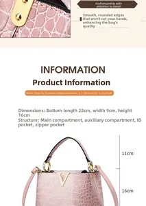 Detailed view of pink croc-embossed leather bag with gold hardware and size dimensions