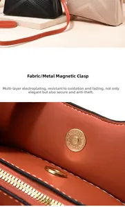 Detail showing high-quality gold plating magnetic clasp and durable metal zipper on handbag