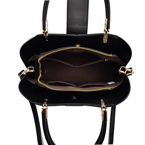 Large capacity black leather handbag with internal zip compartments and gold hardware