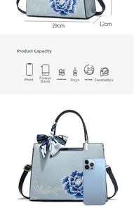 Détail d'un sac à main bleu clair brodé avec motifs floraux et dimensions indiquées