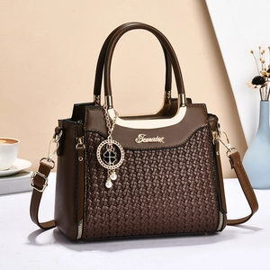 Woven PU Leather Handbag Women Elegant Top Handle Crossbody Shoulder Bag Gold Hardware Four-Leaf Clover Artificial Pearl Charm