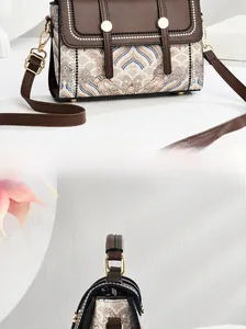 Dettaglio di borsa a tracolla vintage etnica con tessuto jacquard e patta in pelle