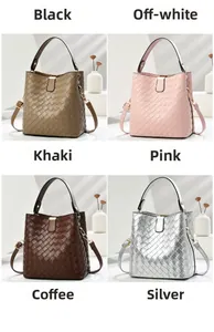 Detailed grid view of woven bucket bags in black, off-white, khaki, and coffee colors