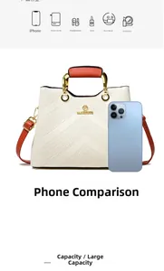 Detail of cream shoulder bag with wave pattern and size comparison with iPhone