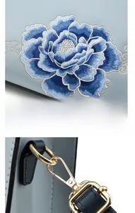 Broderie détaillée de fleurs bleues sur sac en cuir bleu clair avec détails métalliques dorés