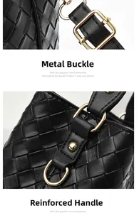 Close-up of golden hardware clasps and woven leather texture on a black bucket bag