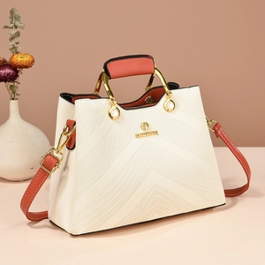 Fashion Women Handbag PU Leather Wave Texture Contrast Color Handle Gold Hardware Crossbody Shoulder Bag Large Capacity