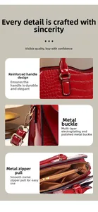 Details der roten Lackleder-Handtasche mit Krokostruktur, Metallteilen und Griffverstärkung
