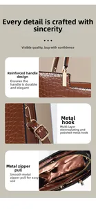 Detailed view of reinforced handles, polished gold hardware, and smooth metal zippers