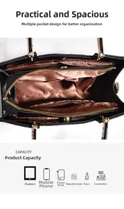 Interior view of black tote bag showing zipper pockets and capacity for tablet and phone