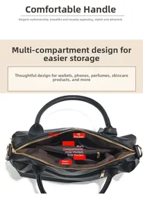 Interior view of black leather handbag featuring multi-compartment storage and gold zippers