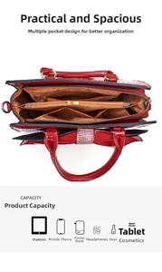 Vertikale Ansicht der roten Lackleder-Tasche mit Innenfächern und dekorativer Schleife