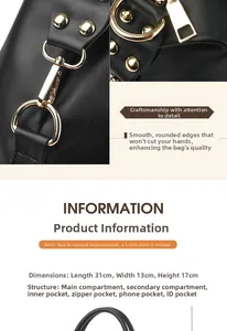 Close-up of golden hardware and black leather texture with detailed dimensions 31x13x17cm