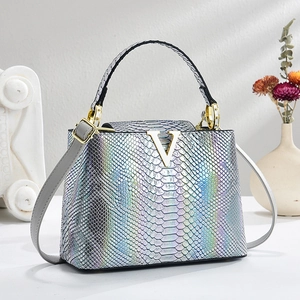 Women Elegant Handbag Crocodile Pattern PU Leather V Metal Buckle Shoulder Crossbody Bag Iridescent Snake Print Fashion