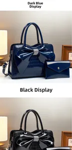 Details von Krokoprägung, Lackschleife und Strassverschluss an diesen Handtaschen