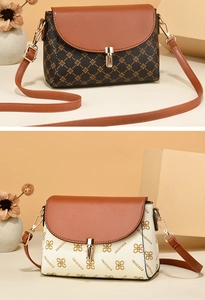 Close-up of vintage flap crossbody bags in brown monogram and beige clover patterns