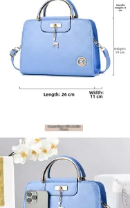 Detailed size specifications for sky blue quilted handbag with metal deer pendant charm