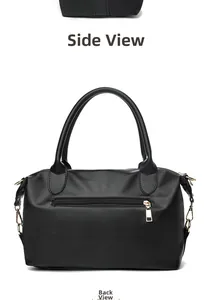 Detailed back and side views of a black faux leather tote bag with gold hardware zipper