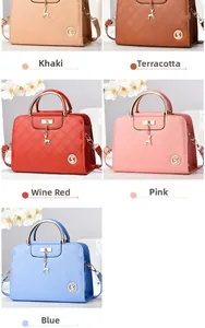 Detailed view of five quilted patent leather handbags in khaki, yellow, wine, pink and blue