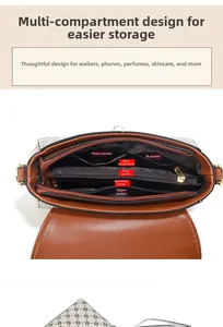 Detailed top view of beige vintage crossbody bag showing six functional inner compartments