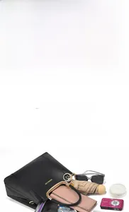 Detail of black lychee grain leather tote bag showing large capacity and golden text