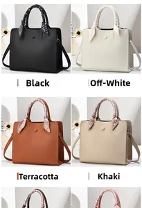Quatre grands sacs fourre-tout en noir, beige, marron et kaki avec foulards décoratifs