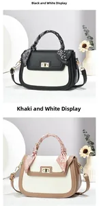 Detail of color-block handbags with silk scarf handle and golden twist lock closure