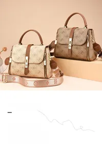 Detail of vintage patterned crossbody bags in beige and brown with metal twist locks
