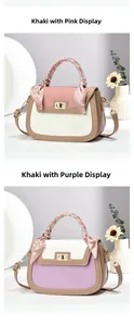 Detail view of khaki handbags in pink and purple combinations with silk scarf handles