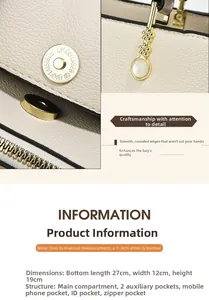 Litchi pattern leather handbag details with magnetic buckle and interior bag layout