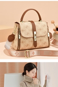 Chic khaki crossbody bag with vintage prints and wide strap shown on an Asian model
