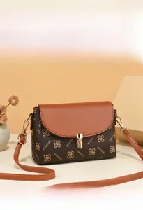 Detail of vintage crossbody bag showing brown monogram pattern and gold metal buckle