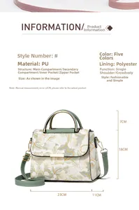 Vue détaillée du sac floral pour femmes avec texture PU et informations sur la taille